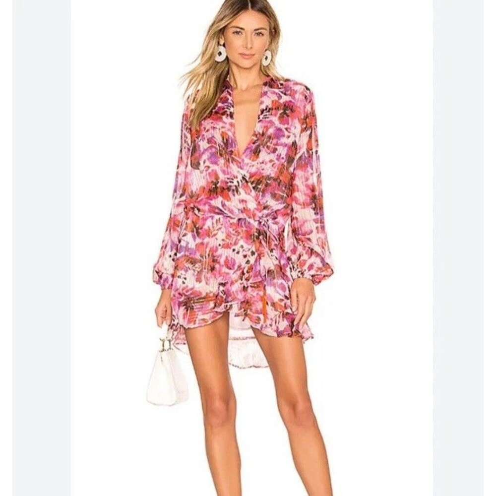 Rococo Sand x Revolve Lyra Mini Dress Sz M Pink Floral Shiny Chiffon Feminine